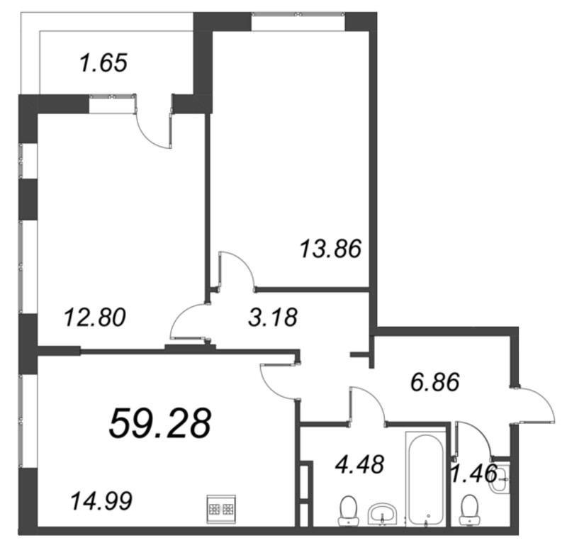 3-комнатная (Евро) квартира, 59.28 м² в ЖК "VEREN NORT сертолово" - планировка, фото №1