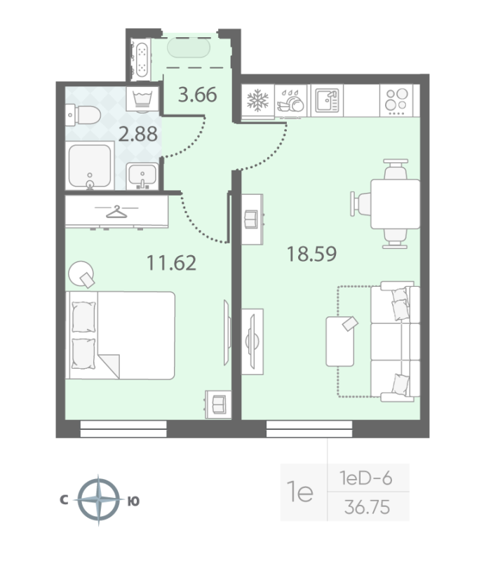 2-комнатная (Евро) квартира, 36.6 м² - планировка, фото №1