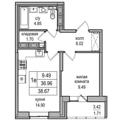 1-комнатная квартира, 38.1 м² в ЖК "Северная Долина" - планировка, фото №1