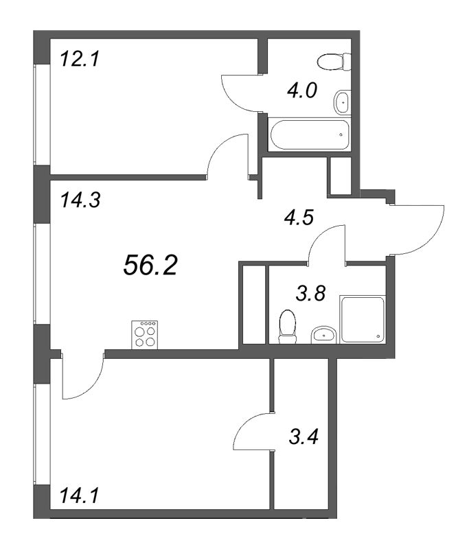 2-комнатная квартира, 56.2 м² в ЖК "Гений" - планировка, фото №1
