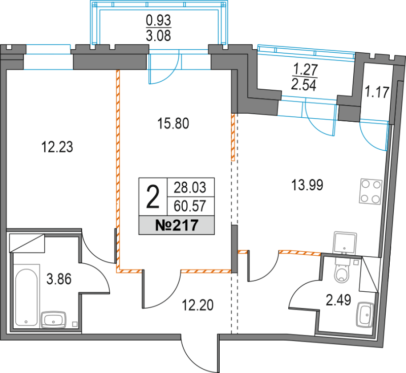 2-комнатная квартира, 60.57 м² - планировка, фото №1