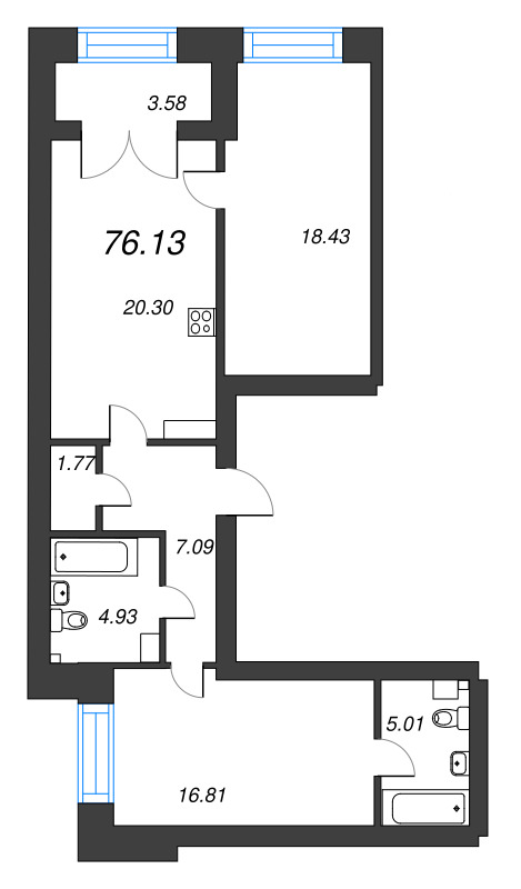 3-комнатная (Евро) квартира, 76.13 м² в ЖК "Наука" - планировка, фото №1