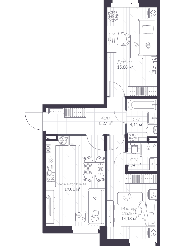 3-комнатная (Евро) квартира, 65.1 м² - планировка, фото №1