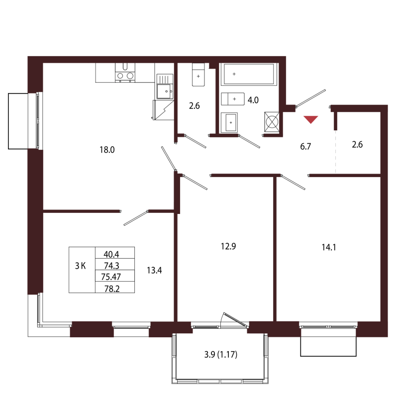 4-комнатная (Евро) квартира, 75.47 м² в ЖК "Лисино" - планировка, фото №1