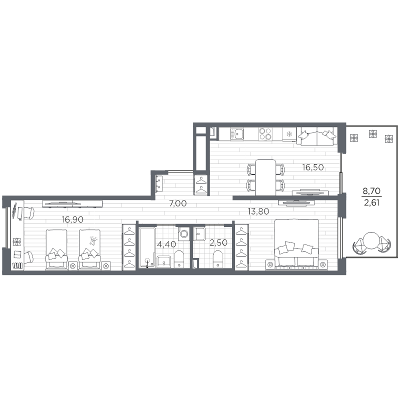 3-комнатная (Евро) квартира, 63.71 м² в ЖК "Плюс Пулковский" - планировка, фото №1