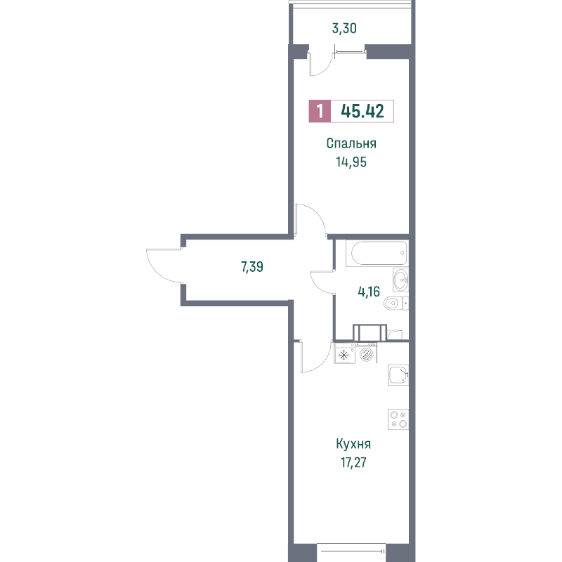 2-комнатная (Евро) квартира, 45.42 м² - планировка, фото №1