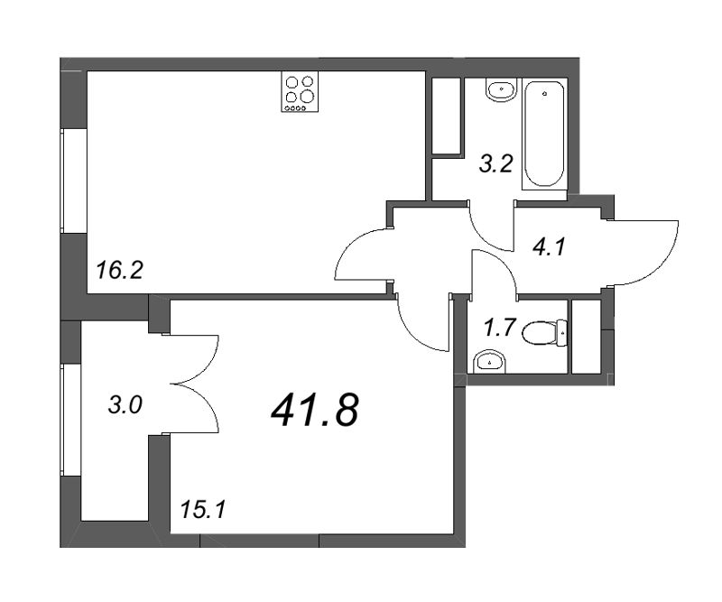 2-комнатная (Евро) квартира, 41.8 м² - планировка, фото №1