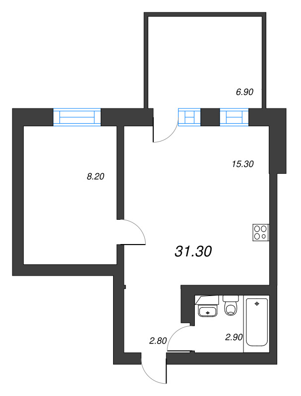 2-комнатная (Евро) квартира, 31.3 м² в ЖК "ЭКО Квартал NEGA" - планировка, фото №1