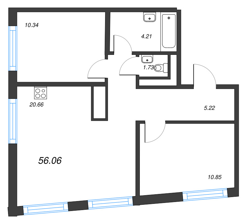 3-комнатная (Евро) квартира, 56.06 м² в ЖК "Legenda Васильевского" - планировка, фото №1