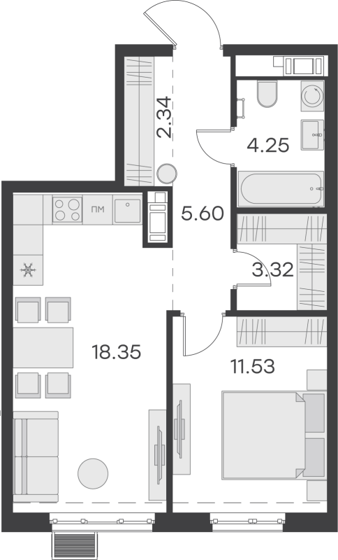 2-комнатная (Евро) квартира, 45.39 м² - планировка, фото №1