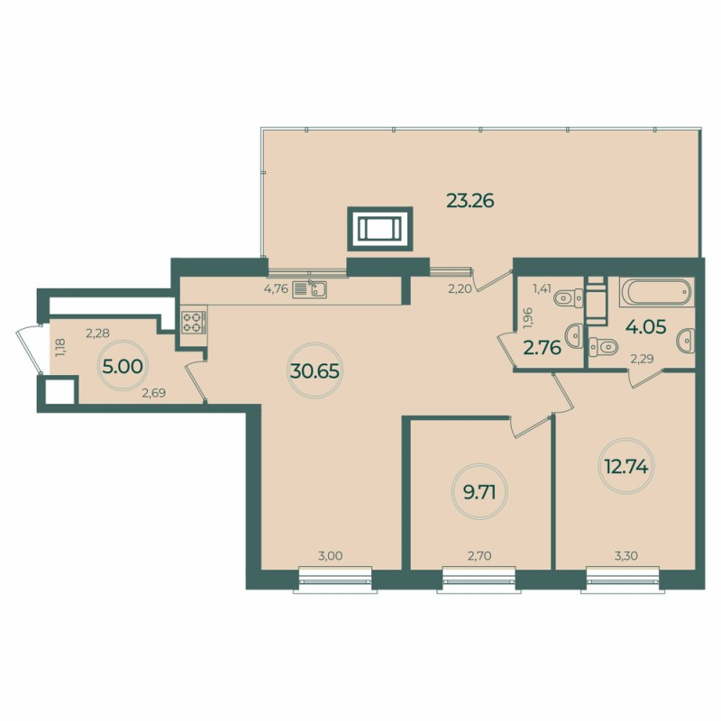 3-комнатная (Евро) квартира, 71.89 м² в ЖК "Дуалист" - планировка, фото №1