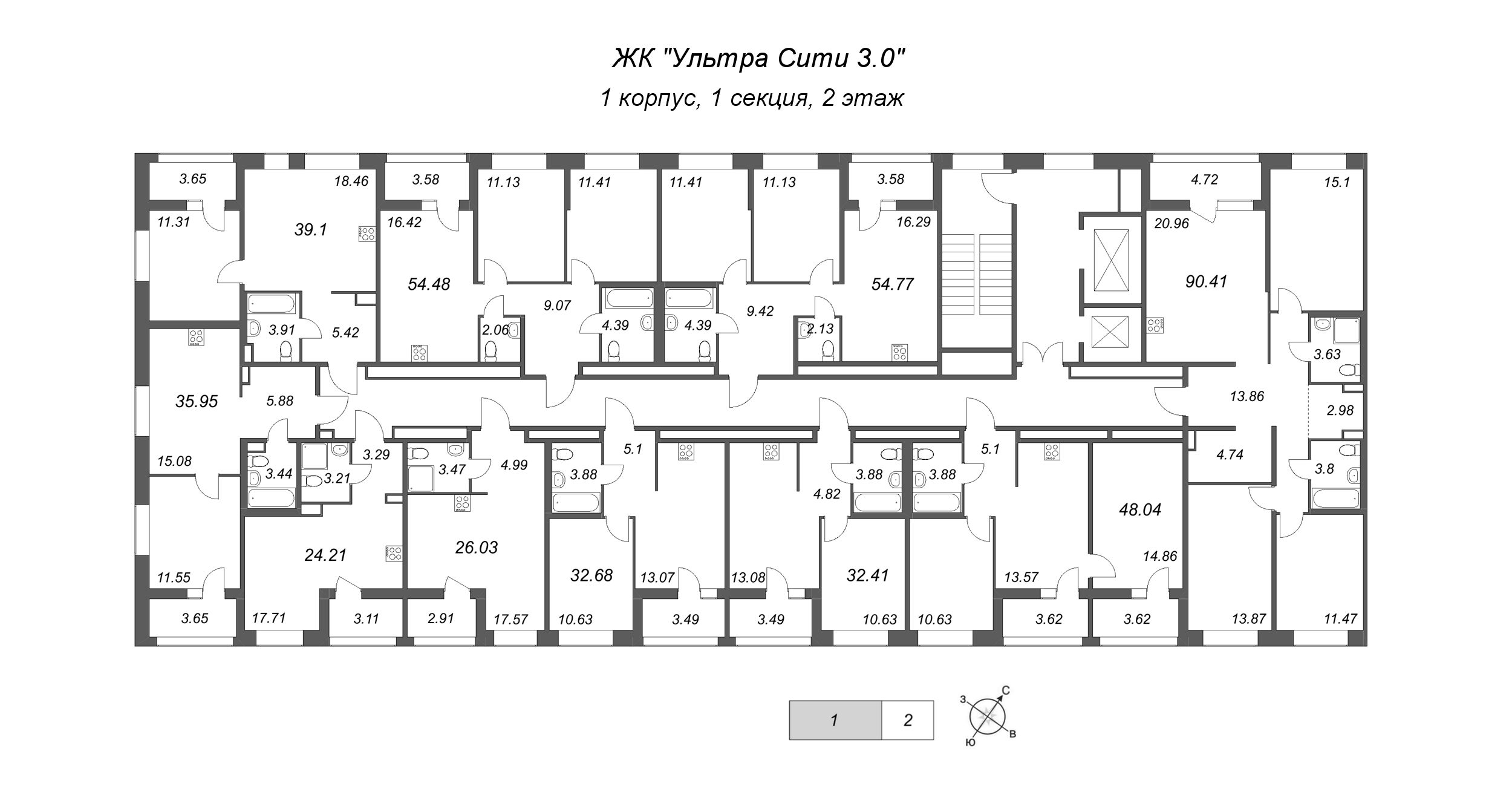 3-комнатная (Евро) квартира, 54.48 м² в ЖК "Ультра Сити 3.0" - планировка этажа