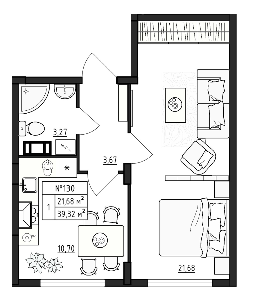 1-комнатная квартира, 39.32 м² в ЖК "Верево Сити" - планировка, фото №1