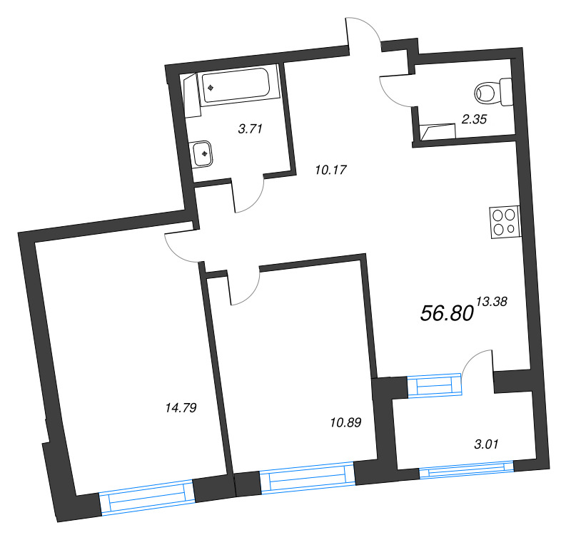 2-комнатная квартира, 56.8 м² в ЖК "Аквилон Riva" - планировка, фото №1