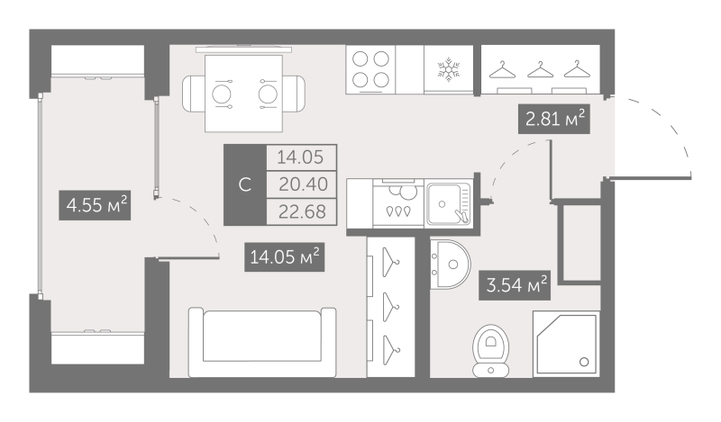 Квартира-студия, 22.68 м² в ЖК "UP-квартал Новый Московский" - планировка, фото №1