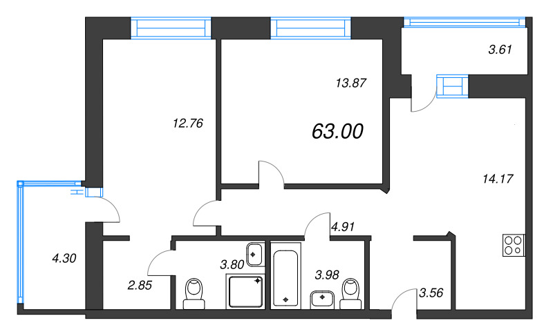 3-комнатная (Евро) квартира, 63 м² - планировка, фото №1