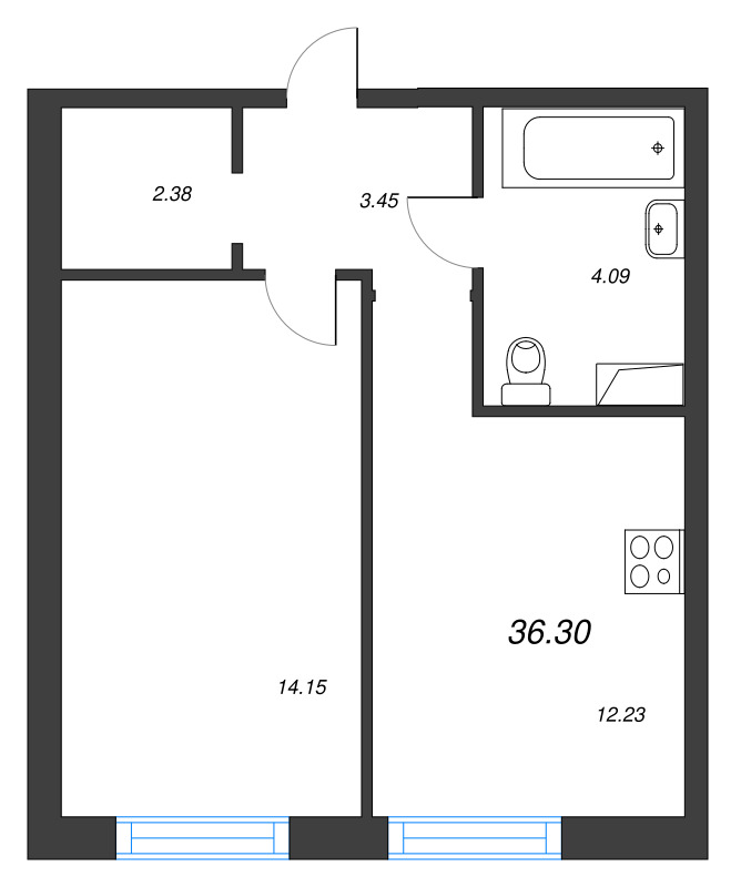 1-комнатная квартира, 36.3 м² в ЖК "Окла" - планировка, фото №1