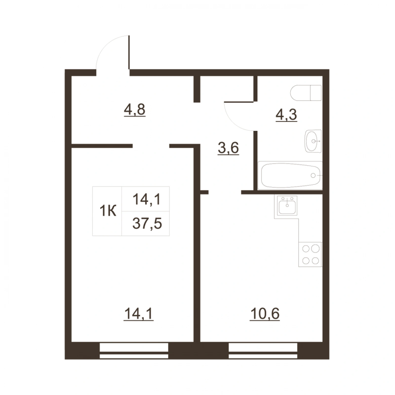 1-комнатная квартира, 38.1 м² в ЖК "Дом на набережной" - планировка, фото №1