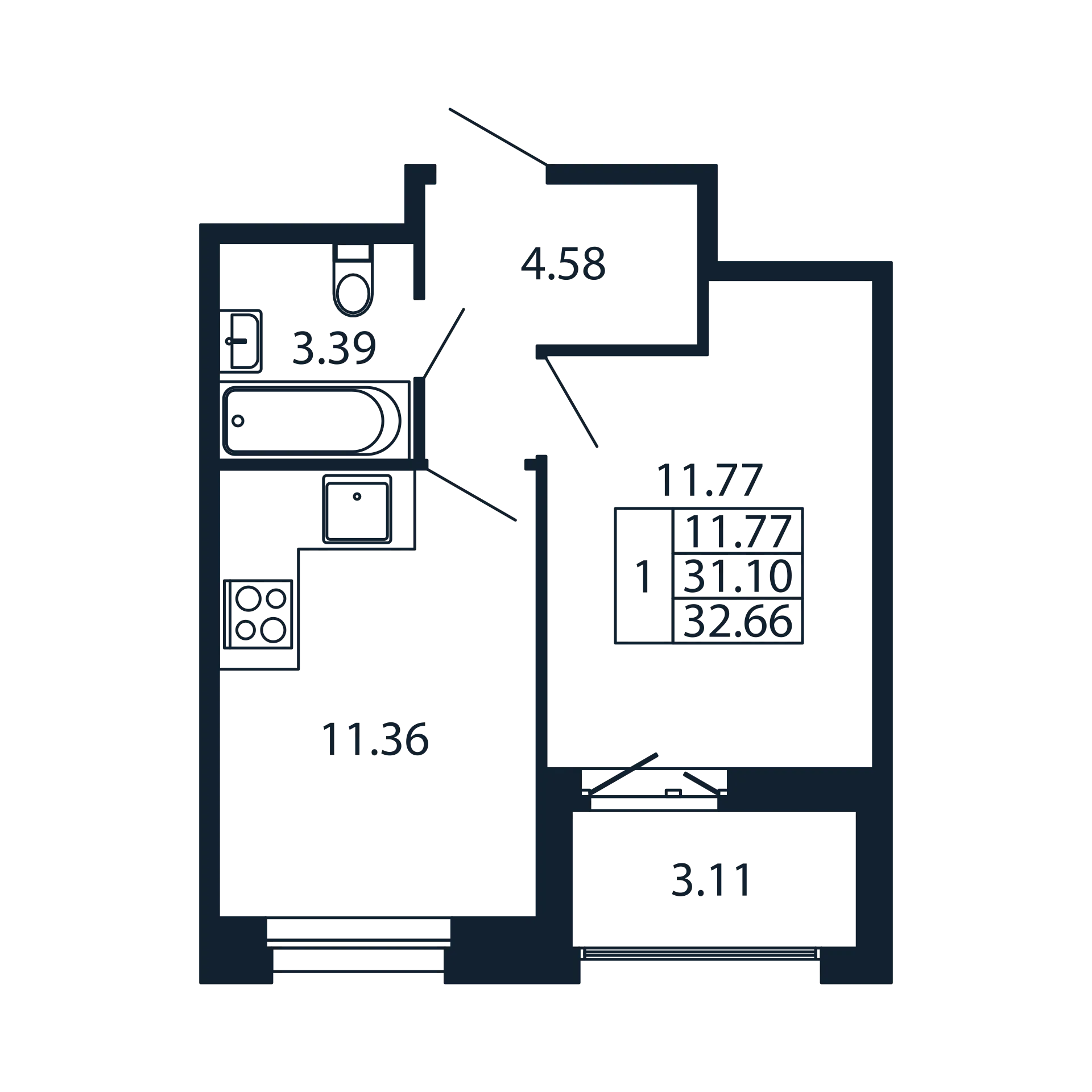 1-комнатная квартира, 31.1 м² - планировка, фото №1