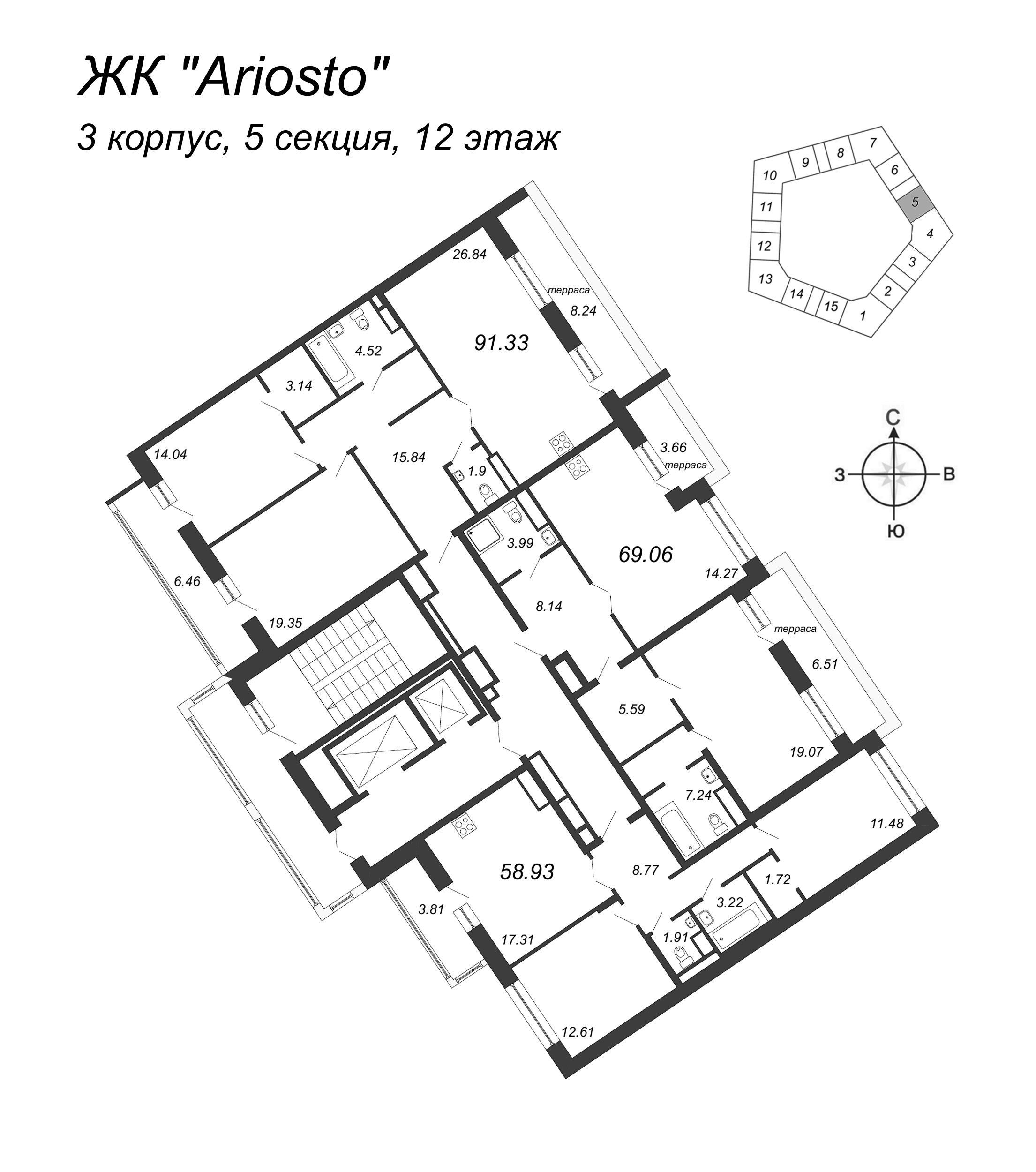 2-комнатная (Евро) квартира, 69.06 м² в ЖК "Ariosto" - планировка этажа