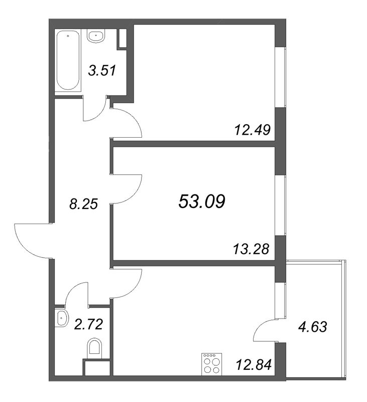 2-комнатная квартира, 53.09 м² в ЖК "ЮгТаун" - планировка, фото №1
