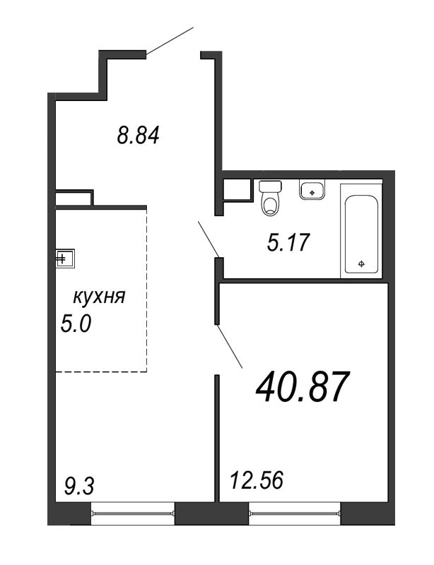 2-комнатная (Евро) квартира, 40.87 м² - планировка, фото №1