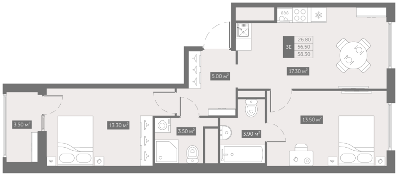 3-комнатная (Евро) квартира, 58.3 м² в ЖК "Квартал «Новый Московский»" - планировка, фото №1