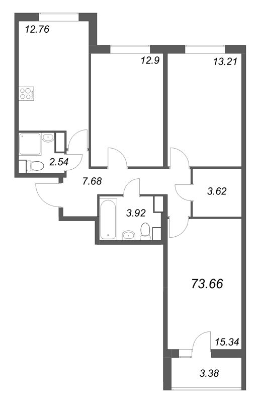 3-комнатная квартира, 73.66 м² в ЖК "Кинопарк" - планировка, фото №1