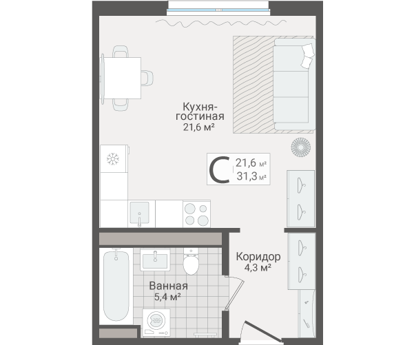 Квартира-студия, 31.3 м² в ЖК "Руднева 15" - планировка, фото №1