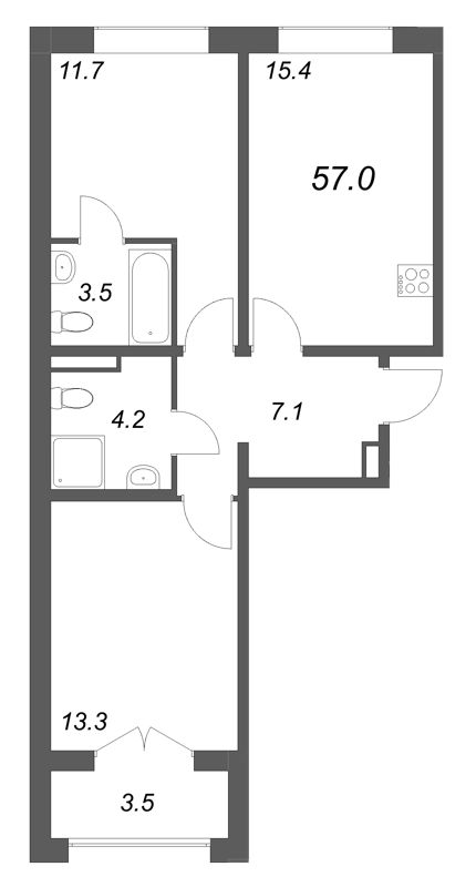 3-комнатная (Евро) квартира, 57 м² в ЖК "Пулково Lake" - планировка, фото №1