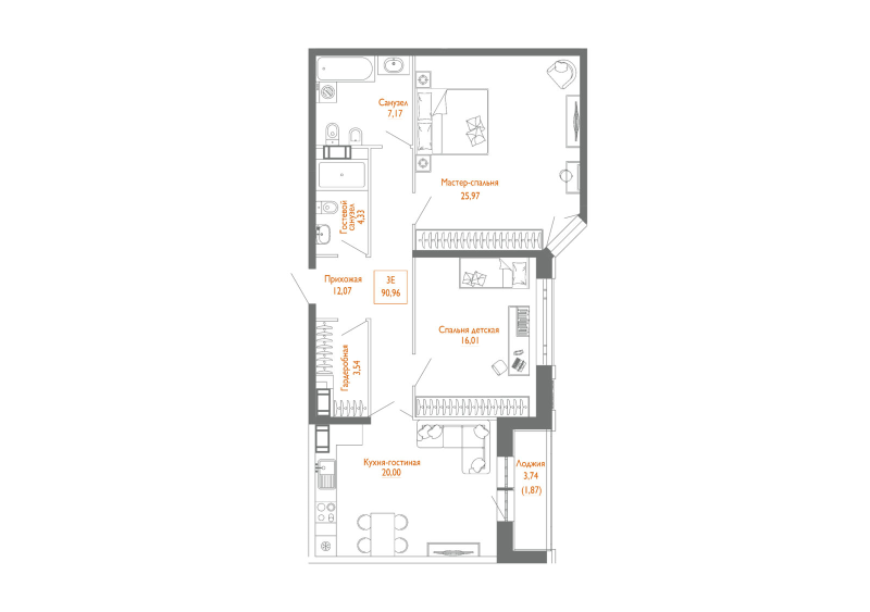 3-комнатная (Евро) квартира, 91.1 м² - планировка, фото №1