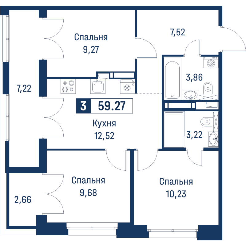 3-комнатная квартира, 59.27 м² в ЖК "Символист" - планировка, фото №1
