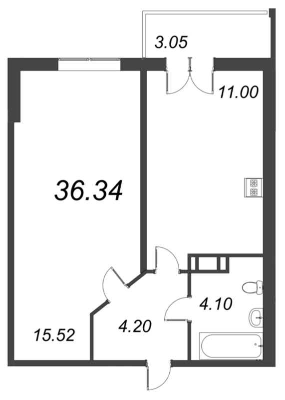 1-комнатная квартира, 36.34 м² - планировка, фото №1