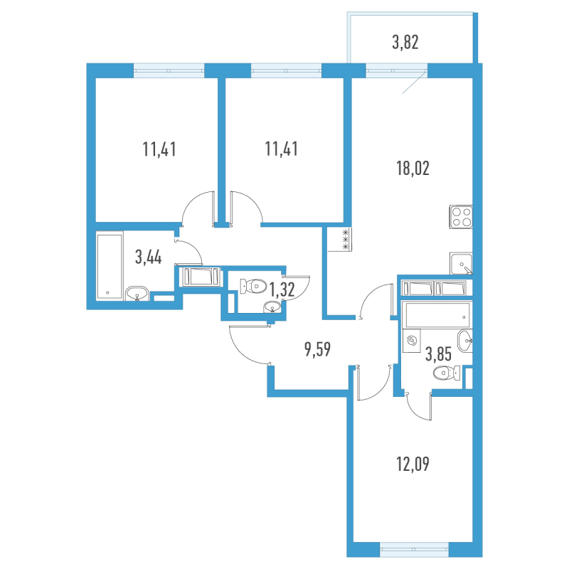 4-комнатная (Евро) квартира, 72.28 м² в ЖК "Аэросити" - планировка, фото №1