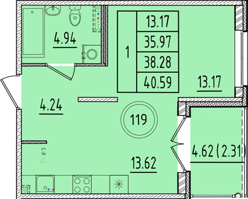 1-комнатная квартира, 35.97 м² - планировка, фото №1