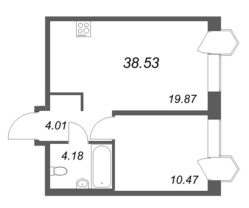 2-комнатная (Евро) квартира, 38.53 м² в ЖК "Avant" - планировка, фото №1