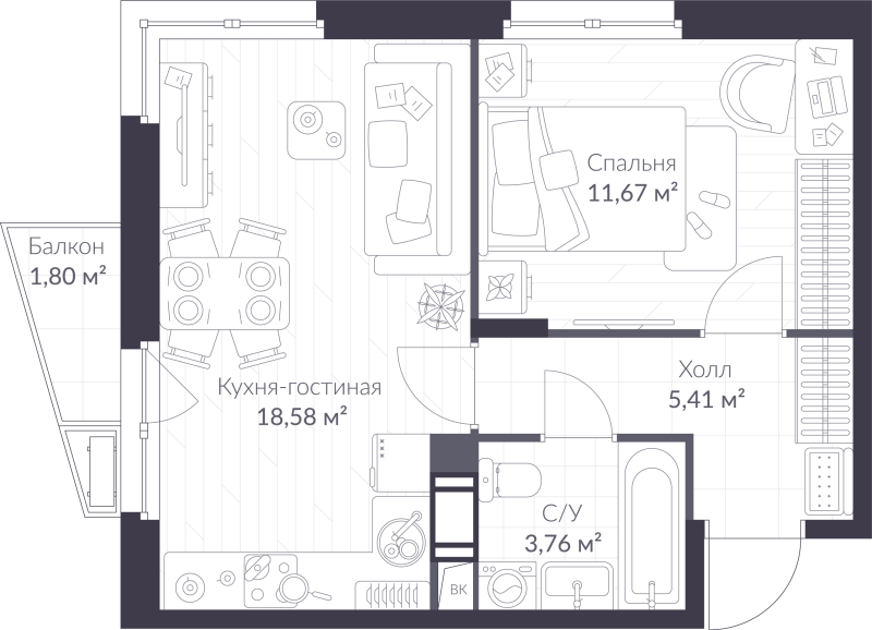 2-комнатная (Евро) квартира, 39.96 м² в ЖК "VEREN NORT сертолово" - планировка, фото №1