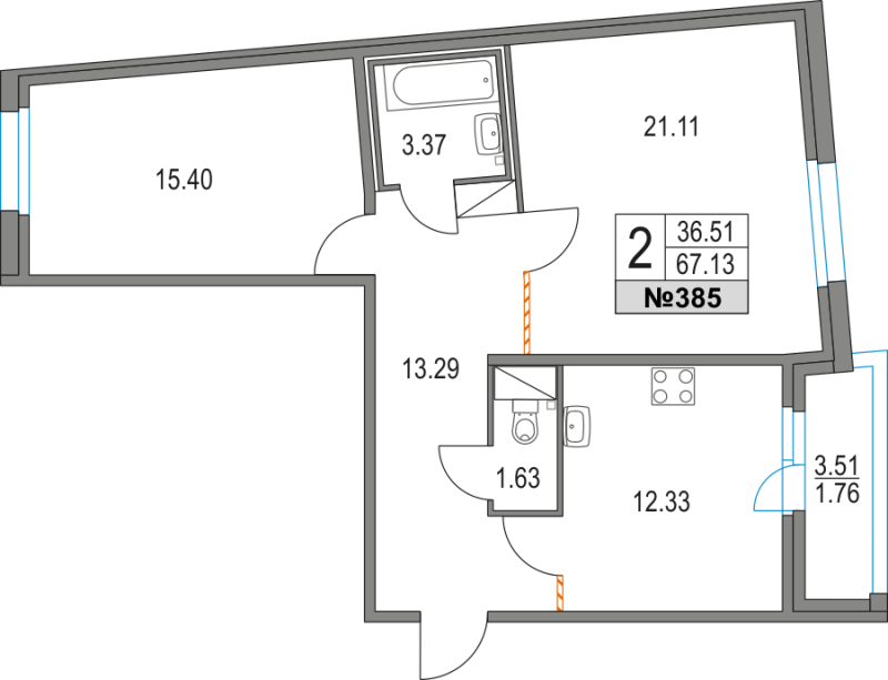 2-комнатная квартира, 67.13 м² - планировка, фото №1