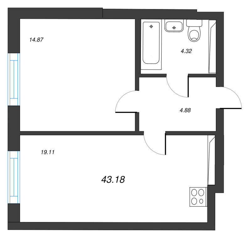 2-комнатная (Евро) квартира, 43.18 м² в ЖК "Кронфорт. Центральный" - планировка, фото №1