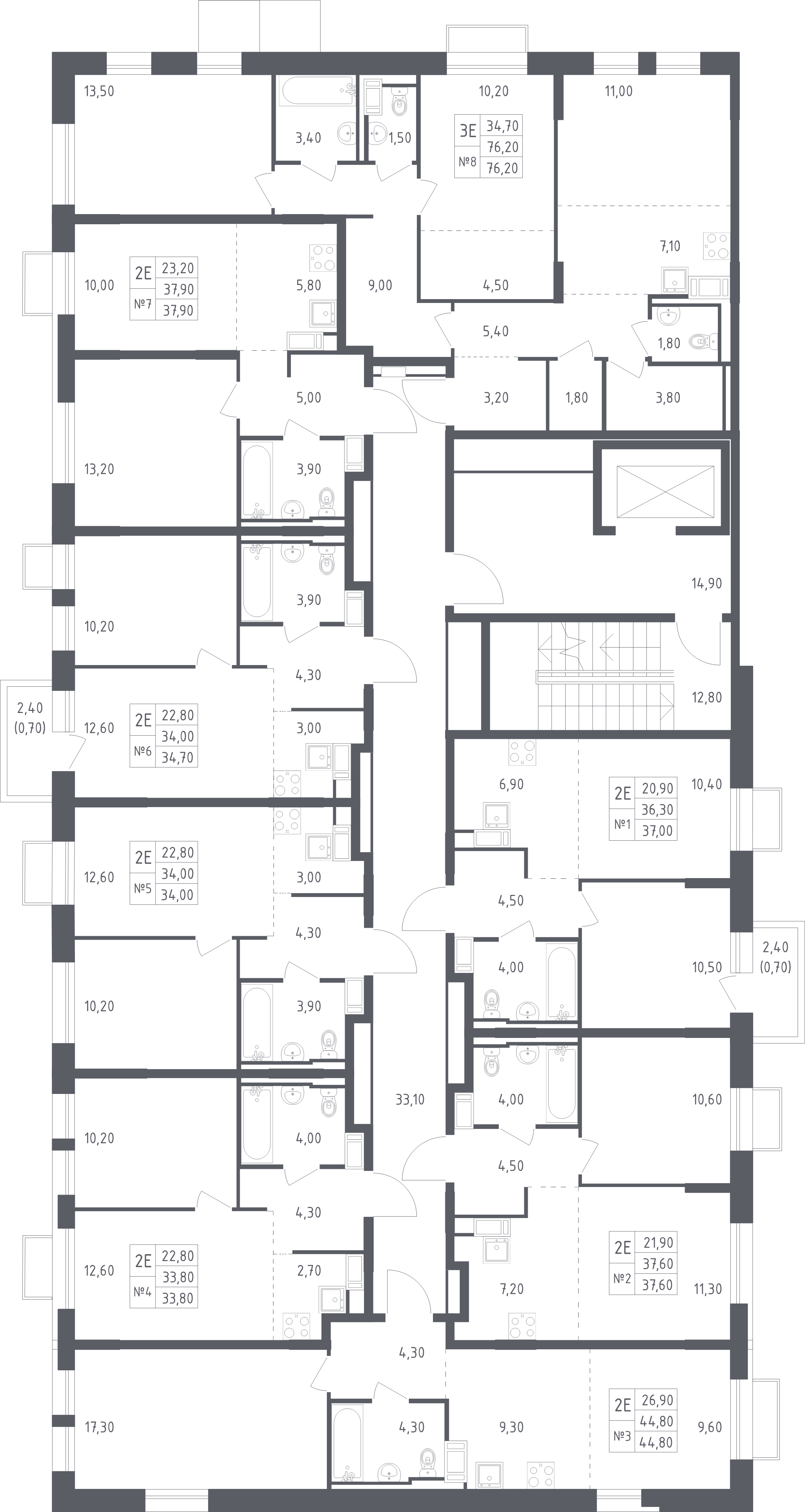 3-комнатная (Евро) квартира, 76.2 м² - планировка этажа