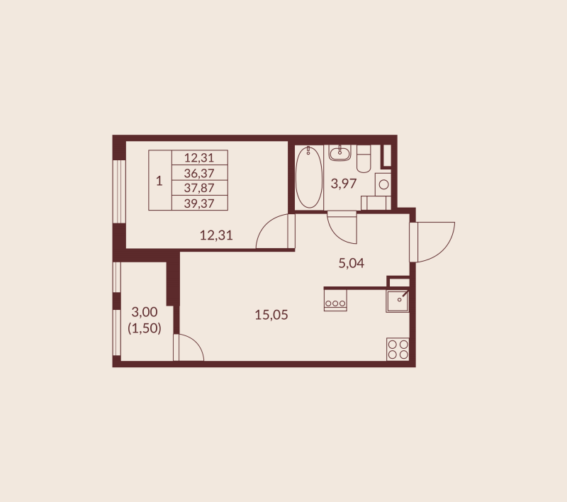 2-комнатная (Евро) квартира, 37.87 м² в ЖК "Амурино" - планировка, фото №1