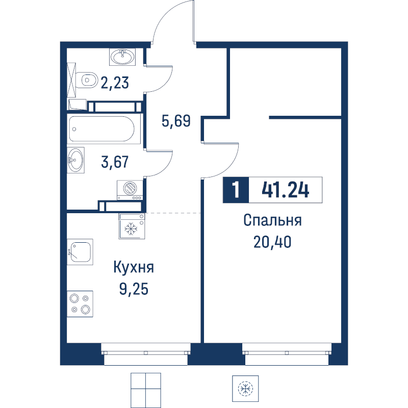 1-комнатная квартира, 41.24 м² в ЖК "Символист" - планировка, фото №1