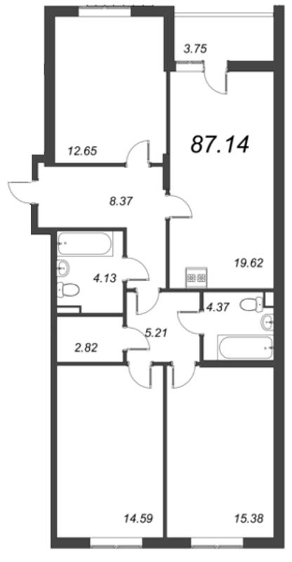 4-комнатная (Евро) квартира, 87.14 м² в ЖК "Чёрная речка" - планировка, фото №1