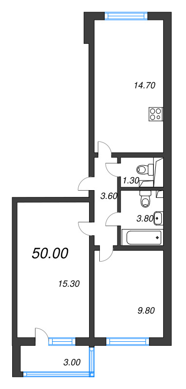 2-комнатная квартира, 50 м² в ЖК "Ручьи" - планировка, фото №1