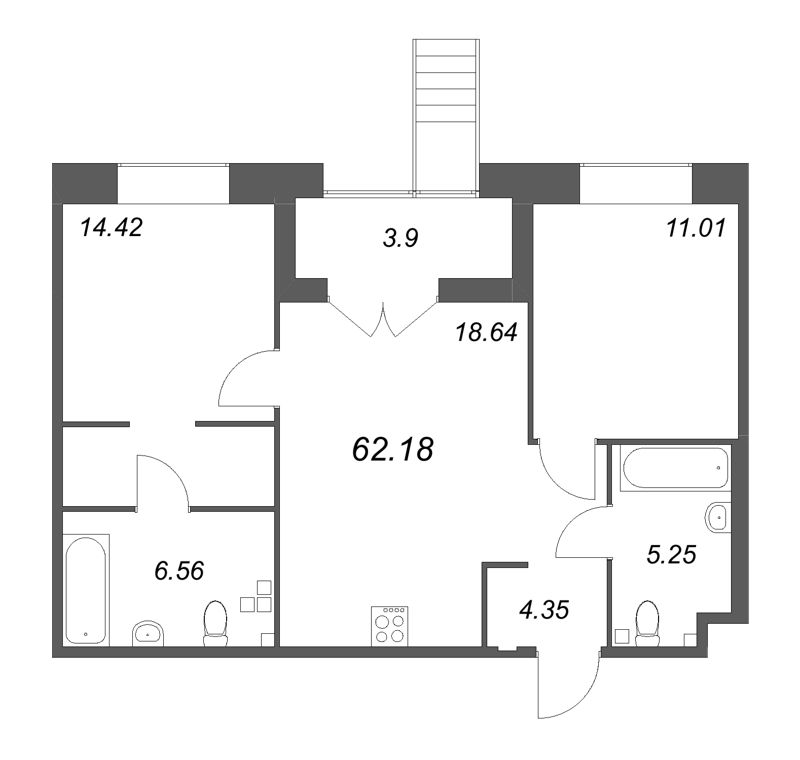 3-комнатная (Евро) квартира, 62.18 м² в ЖК "Ranta Residence" - планировка, фото №1