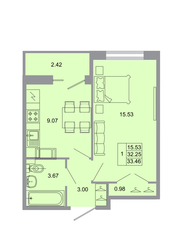 1-комнатная квартира, 32.7 м² - планировка, фото №1