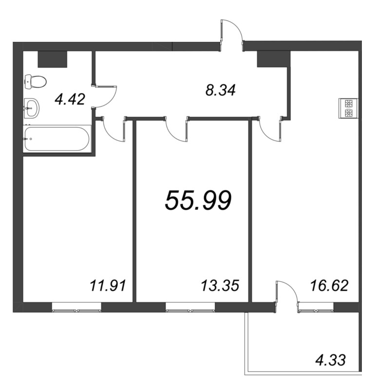 3-комнатная (Евро) квартира, 55.99 м² - планировка, фото №1