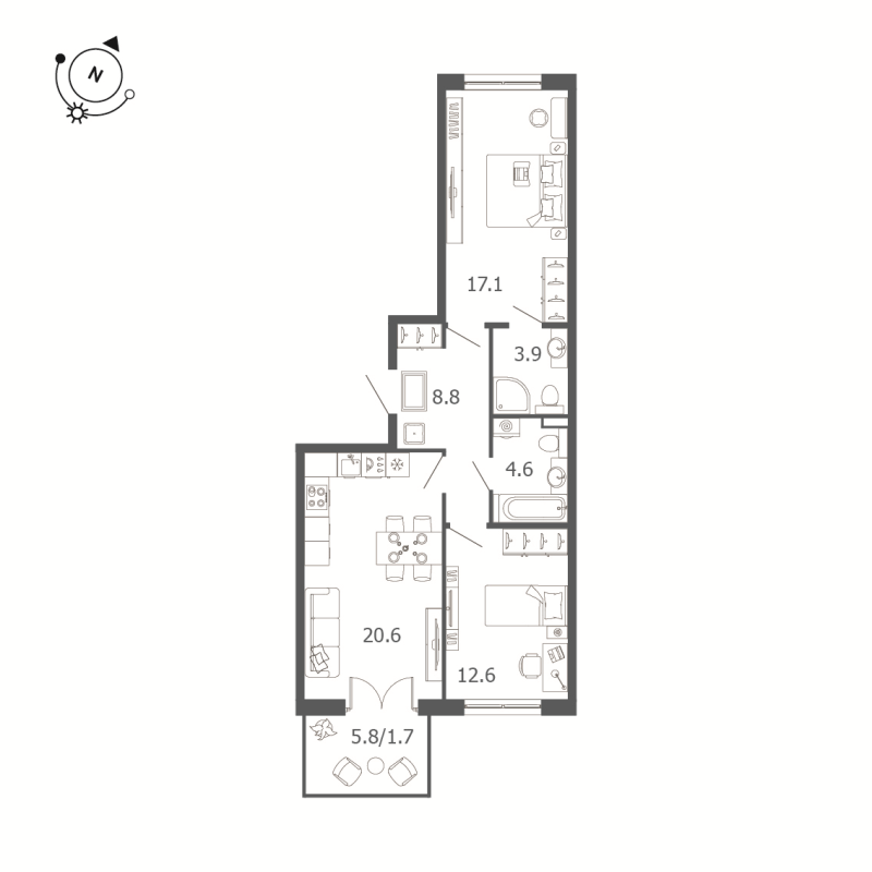 3-комнатная (Евро) квартира, 69.3 м² - планировка, фото №1