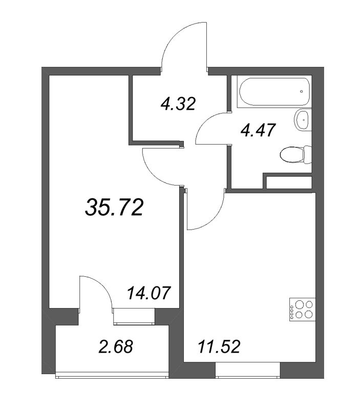 1-комнатная квартира, 35.72 м² в ЖК "Новая история" - планировка, фото №1