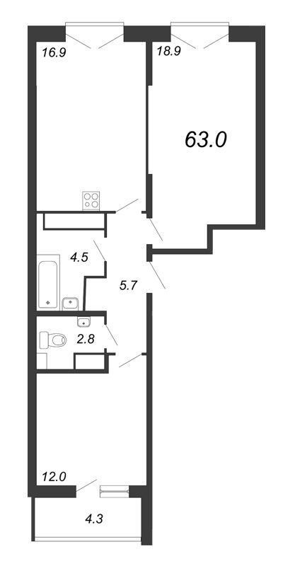 2-комнатная квартира, 63.7 м² - планировка, фото №1